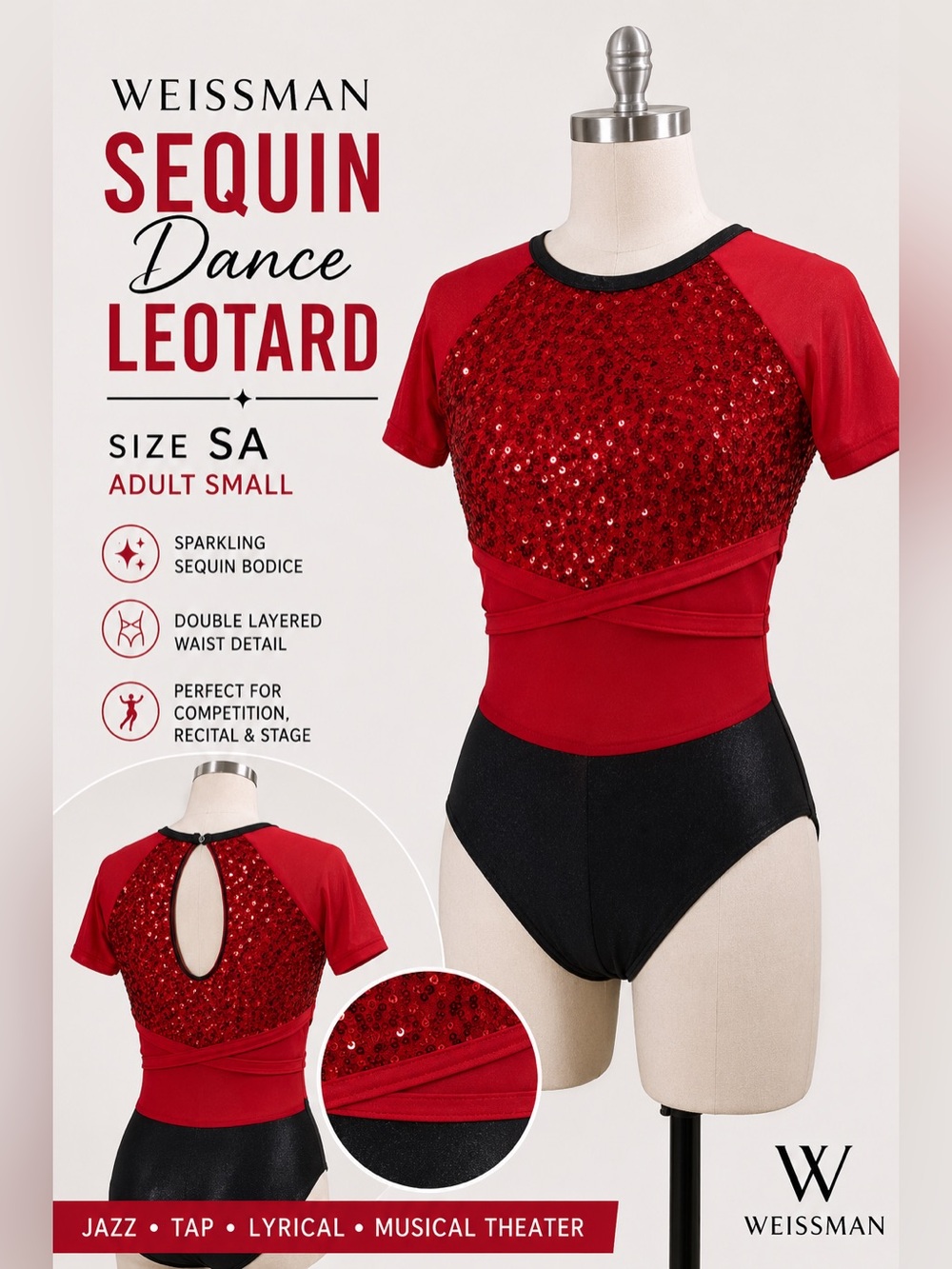 Weissman Red Black Sequin Dance Leotard Costume Size SA Adult Small